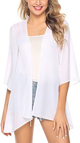 Irevial Cardigan Donna Chiffon Copricostume Mare Estiva Blusa a Maniche 3/4 Cover Up Casual da Spiaggia Traspirante Bianco XL…