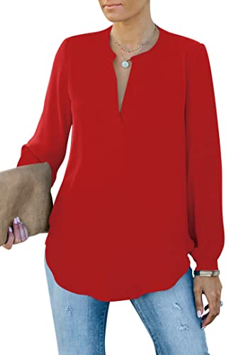 Homlan Camicia da Donna Elegante con Scollo a V, a Maniche Lunghe, da Lavoro, Casual, a Maniche Lunghe, Tinta Unita, Colore: Rosso, L