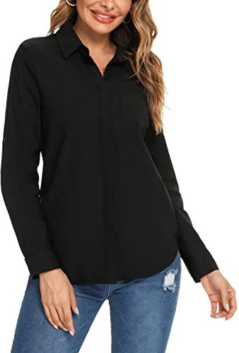 Irevial Camicia Donna Elegante Blusa Manica Lunga Camicetta Casual Shirt Donna Camicia Tinta Unita Tops per Casa, Ufficio, Lavoro o Abbigliamento Quotidiano, Nero XXL