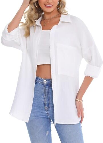 Aottori Camicia Donna Elegante Camicetta con Scollo a V Blusa Oversize Tinta Unita Camicie con Tasche sul Petto Bianco S