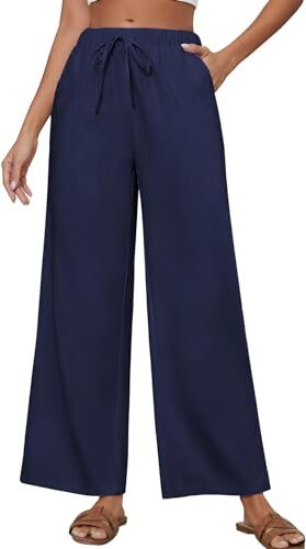 TOMEEK Pantaloni Donna Estivi,Pantaloni Cargo Donna in Lino di Cotone Gamba Larga Casual Vita Alta Elastico Larghi Pantaloni Estivi Donna con Tasche Palazzo(Blu,XL)