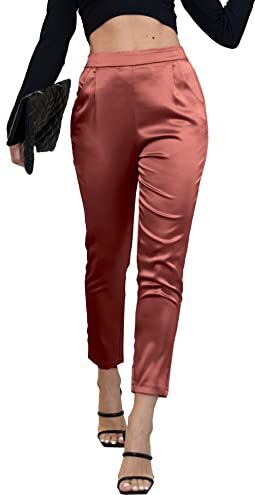 Fakanhui Abito da donna in raso di seta casual elastico a vita alta elasticizzato pantaloni eleganti pantaloni, C03 Rosso Chic, XX-Large