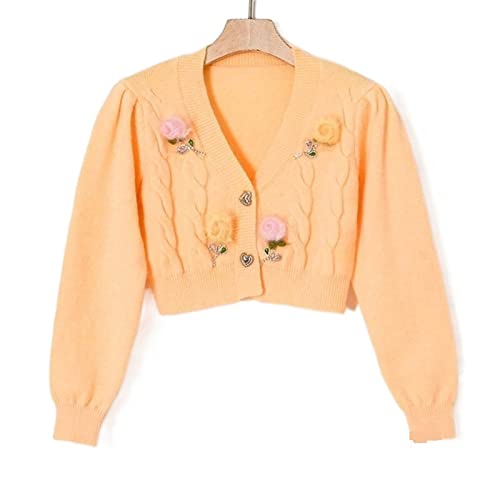 SUKORI Maglione Da Donna Cardigan super tagliato con fiore a gancio 3D Cappotto maglione corto da donna Maglione molto corto autunnale Top tagliato a maglia (Color : Yellow, Size : S)