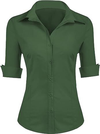 Zeagoo Camicia da donna a 3/4, maniche corte, slim fit, in cotone, con asola, scollo a V, taglie XS-XXL, verde scuro (una taglia più piccola per Slim Fit), M