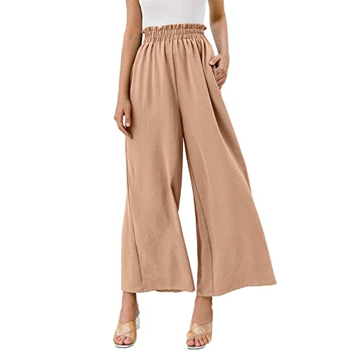 KEERADS Mini Pantaloncini Lattice Lotu Lotu Foglia Vita Alta Ghiaccio Seta Pantaloni Accartocciati Elegante Casual Gamba Larga Pantaloni Sciolti Pantaloni Pelle A Vita Alta (3-Khaki, S)