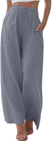 KINGDOLA Donna Casual Pantaloni Lino di Cotone Pantaloni Montaggio Allentato Vita Alta (S, Grigio)