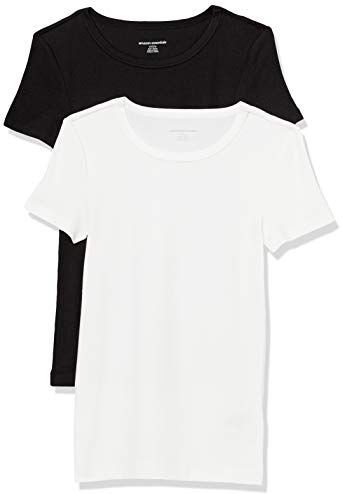 Amazon Essentials T-Shirt Girocollo a Maniche Corte Slim Donna, Pacco da 2, Nero/Bianco, M