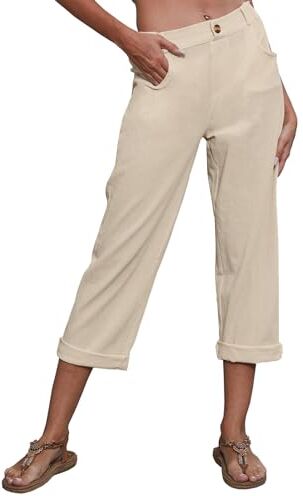 Yutdeng Pantaloni Cottone Lino Donna Pantaloni Estivi Leggeri Pantalone Elegante con Bottone e Tasche Pantaloni Comodi Larghi Gamba Dritta (Corti da 3/4),Beige,L