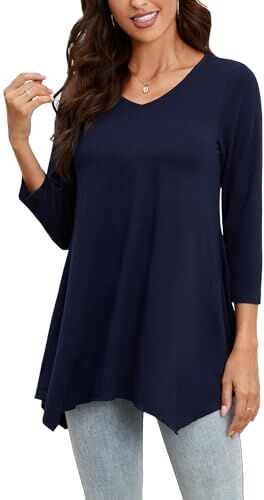 Enmain Maglietta Donna Tunica Manica Lunga Scollo V Top Tunica Maniche a 3/4 Maglia Taglie Forti Magliette Donna Elegant Camicetta,Blu Marino,M