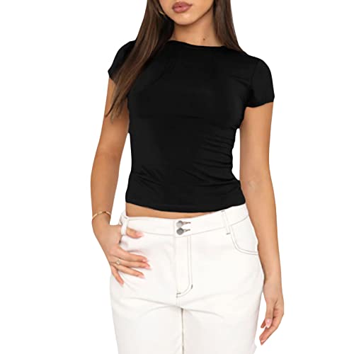 KUKEYIEE Maglietta di Base Slim Fit Top Manica Corta Y2K Top TikTok Influence Crop Top Club Party Streetwear(Black-1, M)