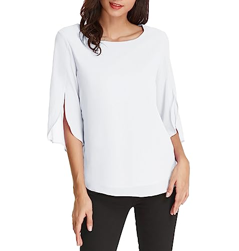 GRACE KARIN Magliette Blusa Chiffon Girocollo Blusa Sciolto Blusa Eleganti Camicetta Manica 3/4 Donna Bianco L CLAF15-17