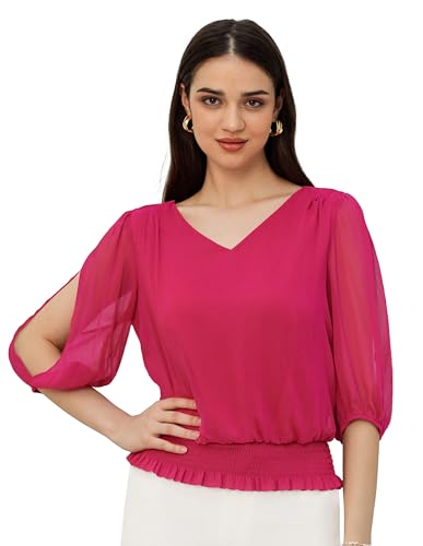 GRACE KARIN Camicetta Elegante Chiffon Donna Top A Maniche A 3/4 Top A Maniche Corte Scollo a V Camicia Casual 2XL Rosa