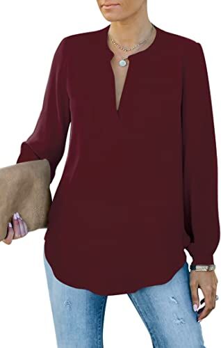 Homlan Camicia da Donna Elegante con Scollo a V, a Maniche Lunghe, da Lavoro, Casual, a Maniche Lunghe, Tinta Unita, Bordeaux, M