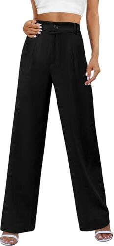 Niwicee Pantaloni Donna Estivi Vita Alta Comodi Pantaloni Larghi Donna Eleganti，Pantaloni Dritti con Tasche Gamba Larga Pantaloni Lunghi per Ufficio Pantaloni Casual-Nero-XXL