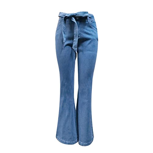 Generico Leggins Corti Donna Jeans Cargo Donna Jeans da donna elasticizzati sottili con lacci a gamba larga Micro La Denim Cintura con fiocco Jeans sottili e sottili Pantaloni Invernale (Blue, XL)