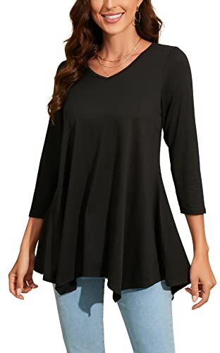 Enmain Maglietta Nero Donna Tunica Scollo V Maniche a 3/4 Top Maglia Manica Lunga Taglie Forti Magliette Donna Elegant Lungo Camicetta,Nero,S