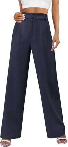 Niwicee Pantaloni Cargo Donna Solido Sciolto Gamba Dritta Palazzo Pantaloni A Vita Alta Elastico Casual Pantaloni Eleganti Pantalone Gamba Larghi Dritta con Bottone e Tasche-Blu Scuro-L