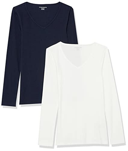 Amazon Essentials Top in Maglia a Costine a Maniche Lunghe con Scollo a V dalla vestibilità Aderente (Disponibile in Taglie Forti) Donna, Pacco da 2, Bianco/Blu Marino, XXL