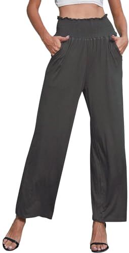 Yutdeng Pantaloni Donna Comdi Dritta Palazzo Gamba Larga Pantaloni a Vita Alta Elastico Pantalone Donne Elegante Cruvy con Tasche Pantaloni Lunghi Casual Yoga,Grigio Scuro,L