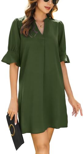 CMTOP Donna Manica Corta Tinta Unita Donna Estivi Scollo V Manica Corta Eleganti Midi Lunghi Abito da Spiaggia Vestiti L Verde