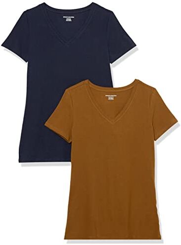 Amazon Essentials T-Shirt con Scollo a v a Maniche Corte con vestibilità Classica Donna, Pacco da 2, Castagna Scuro/Blu Marino, XS