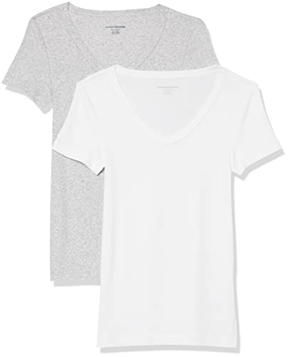 Amazon Essentials T-Shirt con Scollo a v a Maniche Corte Slim Donna, Pacco da 2, Bianco/Grigio Chiaro Puntinato, M