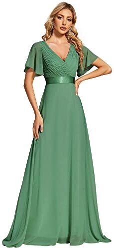 Ever-Pretty Vestito da Cerimonia Donna Stile Impero Linea ad A Scollo a V Maniche Corte Lungo Fagiolo Verde 46EU