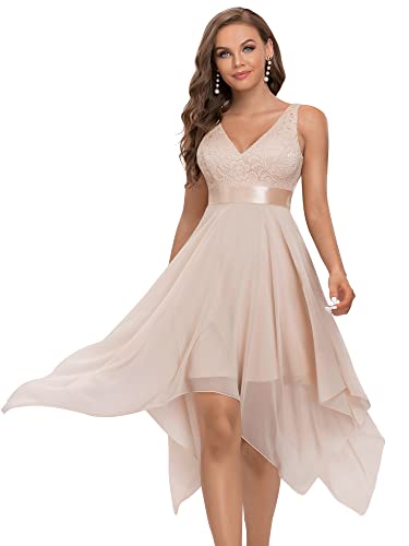 Ever-Pretty Vestiti da Cerimonia Senza Maniche con Scollo a V Stile Impero Linea ad A in Pizzo Chiffon al Ginocchio con Orlo Asimmetrico da Donna Arrossire 42