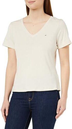 Tommy Jeans TJW Slim Soft V Neck Tee  Top in Maglia a Maniche Corte, Beige (Newsprint), L Donna