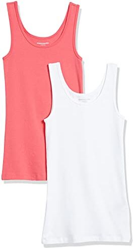 Amazon Essentials Canottiera vestibilità Aderente Donna, Pacco da 2, Bianco/Rosa Brillante, XL