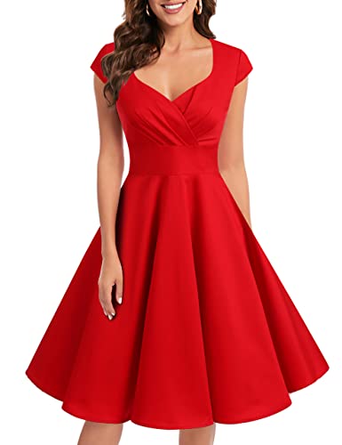 Bbonlinedress Women's Vintage 1950s cap Sleeve Rockabilly Cocktail Dress Multi-Colored Red L