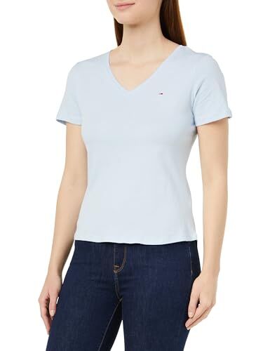 Tommy Jeans TJW Slim Soft V Neck Tee  Top in Maglia a Maniche Corte, Blu (Breezy Blue), M Donna