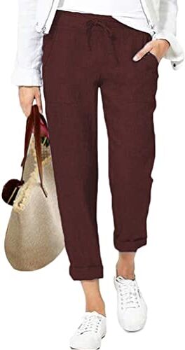 ORANDESIGNE Pantaloni Casual Donna in Lino Elegante con Elastico in Vita Pantalone Estivo con Tasche per Vacanze Lavoro A Vino Rosso S