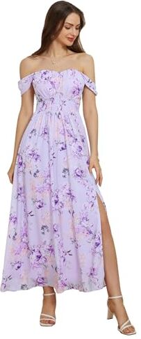 GRACE KARIN Vestito Chiffon Donna Floreale a Pieghe Spalle Scoperte Stampa Floreale Feste Lilla Fiori S