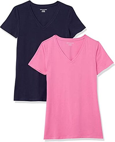 Amazon Essentials T-Shirt con Scollo a v a Maniche Corte con vestibilità Classica Donna, Pacco da 2, Rosa/Blu Marino, L