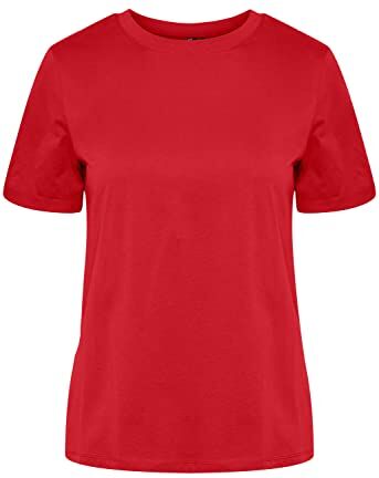 PIECES Pcria SS Fold Up Solid Tee Noos BC T-Shirt, Rosso-High Risk Red, L Donna