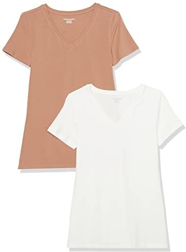 Amazon Essentials T-Shirt con Scollo a v a Maniche Corte con vestibilità Classica Donna, Pacco da 2, Marrone Chiaro/Bianco, XS