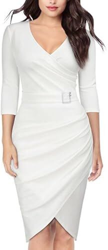 Rayson Vestito Donna Lungo Elegante con Cintura Abito Donna Curvy con Scollo a V e Manica Lunga Abiti da Cerimonia Sera Dresses for Women(Bianco,S)