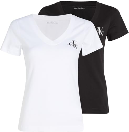 Calvin Klein Women's 2-PACK MONOLOGO V-NECK TEE S/S T-Shirts, Ck Black/Bright White, XS