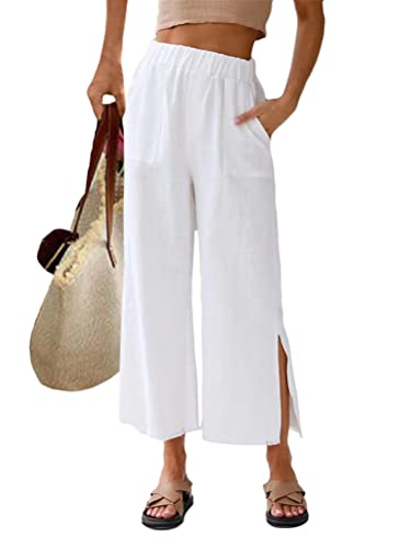 ORANDESIGNE Pantaloni Casual Donna in Lino Elegante con Elastico in Vita Pantalone Estivo con Tasche per Vacanze Lavoro D Bianco M