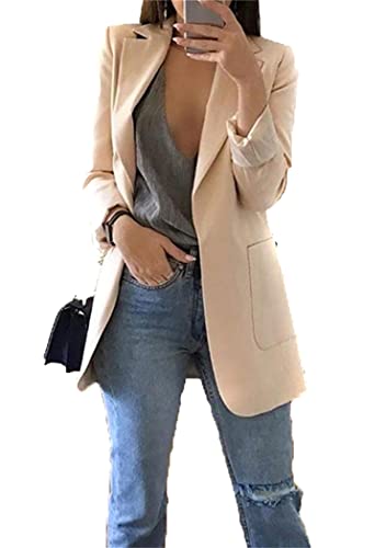 OMZIN Donna Giacca Blazer Manica Lunga Ufficio Abito Cardigan Cappotto Solido Slim Blazer Abito Cappotto Albicocca L