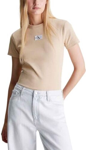 Calvin Klein Woven Label Rib Regular Tee J20J222687 Top in Maglia a Maniche Corte, Beige (Warm Sand), L Donna