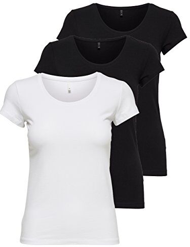 Only Confezione da 3 magliette da donna a maniche corte basic, essenziali, estive, nero o bianco, Mix di colori., M