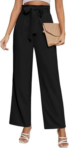 Niwicee Pantaloni Leggeri Donna Pantaloni Donna a Gamba Larga, a Vita Alta, da Lavoro, Donna Solido Sciolto Gamba Dritta Palazzo Pantaloni A Vita Alta Elastico Casual Pantaloni con Tasche-Nero-S