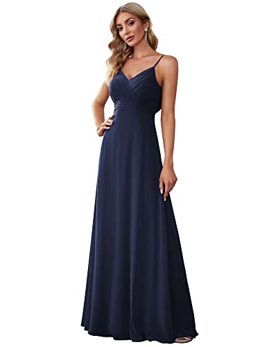 Ever-Pretty Vestiti da Damigella Donna Lungo Scollo a V Senza Maniche Linea ad A Chiffon Senza Schienale Blu Navy 48