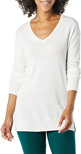 Amazon Essentials Maglione A Tunica Leggero A Maniche Lunghe Con Scollo A v (Disponibile In Taglie Forti) Donna, Bianco, XS