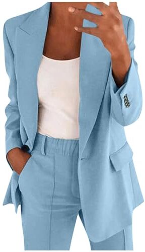 Coo2Sot Completo Estivo da Donna 2 Pezzi Risvolto, Completo da Ufficio, a Maniche Lunghe, con Bottoni, Giacca Formale, Completo di Pantaloni Giacca Abbigliamento per Business e Matrimoni (Light Blue, M)