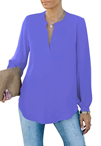 Homlan Camicia da Donna Elegante con Scollo a V, a Maniche Lunghe, da Lavoro, Casual, a Maniche Lunghe, Tinta Unita, Blu violaceo, XL