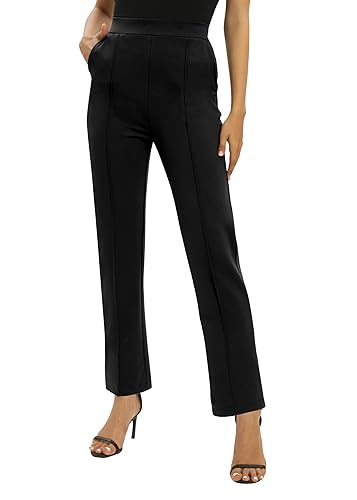 EXCHIC Donne Casual Elastico Gamba Dritta Pantaloni con Coulisse Vita Elastica Pantaloni con Tasche(S, Nero)