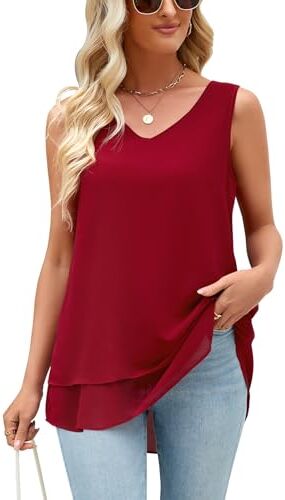 heekpek Canotta Donna Estiva Senza Maniche Top Donna Elegante in Chiffon Scollo a V Canotte e Top Leggero Basic Camicette da Donna, Borgogna, L